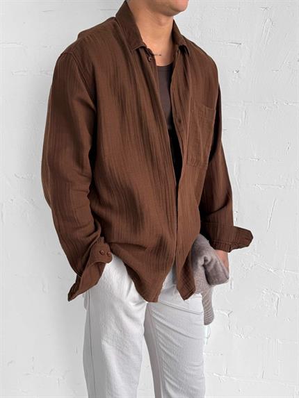 Erkek Oversize Fit Uzun Kollu Müslin Gömlek Kahverengi