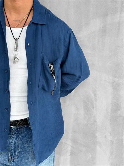 Erkek Oversize Fit Uzun Kollu Müslin Gömlek Lacivert