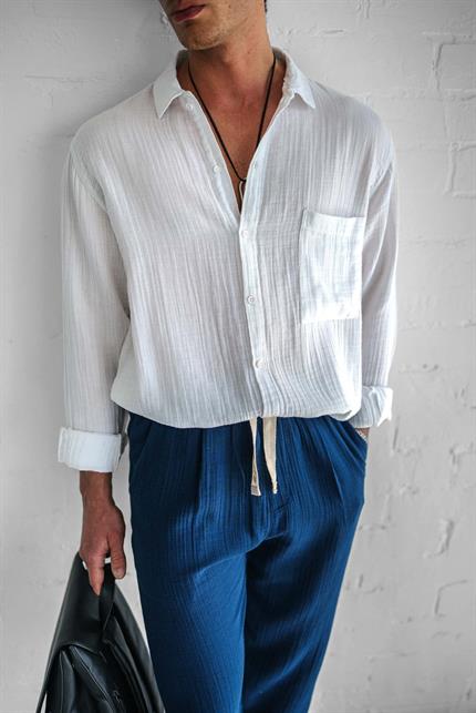 Erkek Oversize Fit Uzun Kollu Müslin Gömlek Beyaz