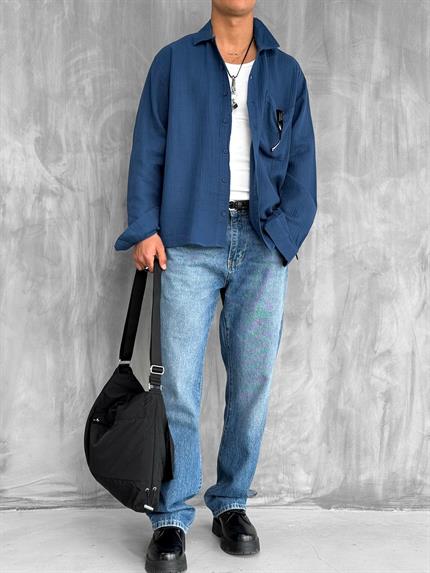 Erkek Oversize Fit Uzun Kollu Müslin Gömlek Lacivert
