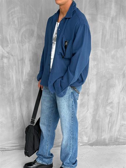 Erkek Oversize Fit Uzun Kollu Müslin Gömlek Lacivert