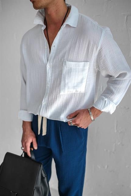 Erkek Oversize Fit Uzun Kollu Müslin Gömlek Beyaz