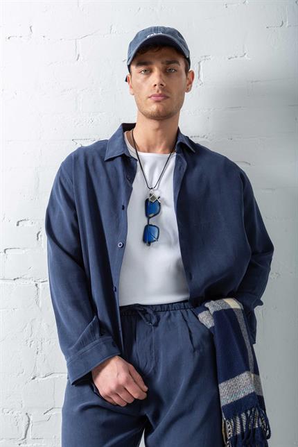 Erkek Oversize Fit Yumuşak Dokulu Gömlek Lacivert