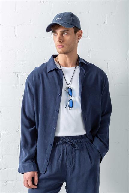 Erkek Oversize Fit Yumuşak Dokulu Gömlek Lacivert