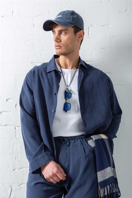 Erkek Oversize Fit Yumuşak Dokulu Gömlek Lacivert