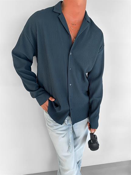 Erkek Oversize Fitilli Apaş Yaka Gömlek Petrol Mavi