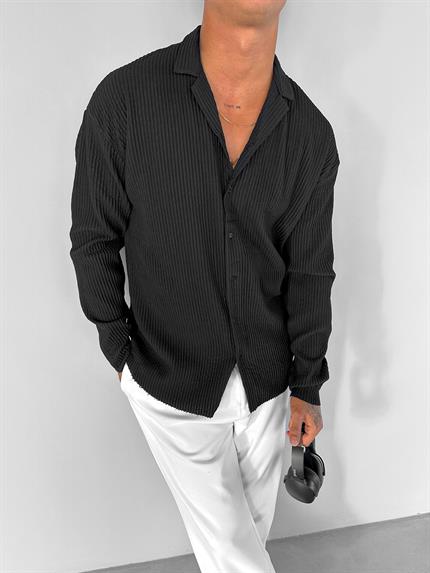 Erkek Oversize Fitilli Apaş Yaka Gömlek Siyah