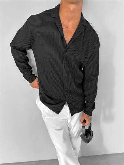 Erkek Oversize Fitilli Apaş Yaka Gömlek Siyah