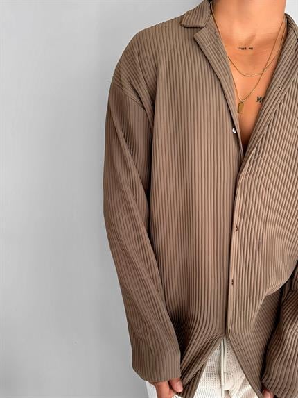 Erkek Oversize Fitilli Apaş Yaka Gömlek Kahverengi