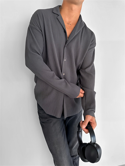 Erkek Oversize Fitilli Apaş Yaka Gömlek Füme