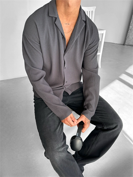 Erkek Oversize Fitilli Apaş Yaka Gömlek Füme