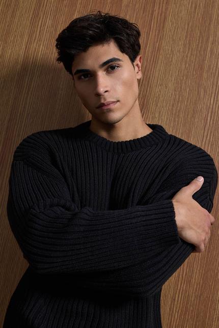 Erkek Oversize Fitilli Basic Triko Kazak Siyah