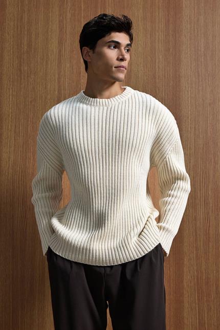 Erkek Oversize Fitilli Basic Triko Kazak Bej