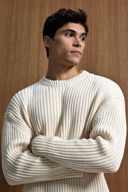 Erkek Oversize Fitilli Basic Triko Kazak Bej