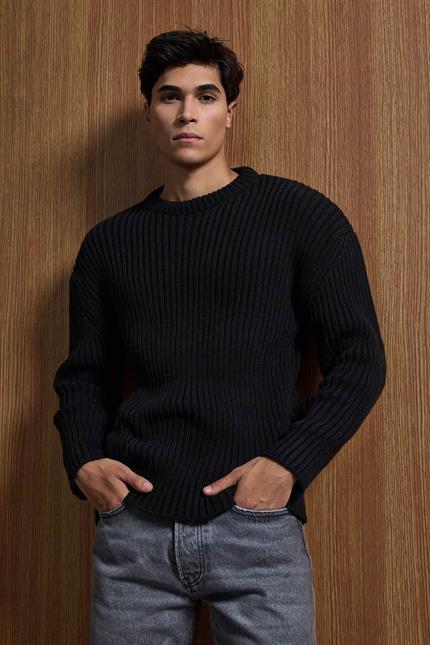 Erkek Oversize Fitilli Basic Triko Kazak Siyah