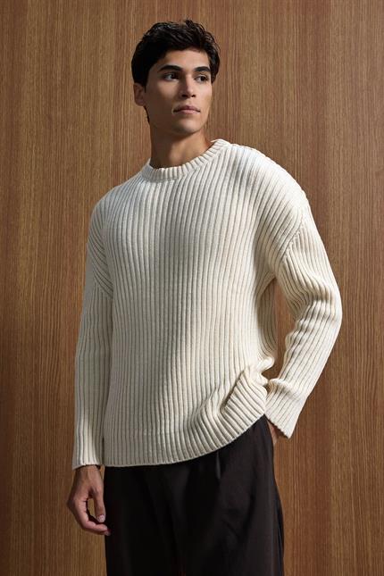 Erkek Oversize Fitilli Basic Triko Kazak Bej