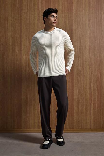 Erkek Oversize Fitilli Basic Triko Kazak Bej