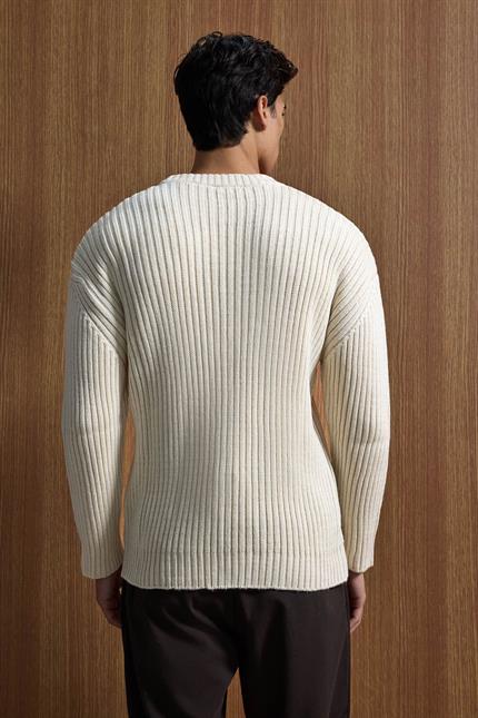 Erkek Oversize Fitilli Basic Triko Kazak Bej