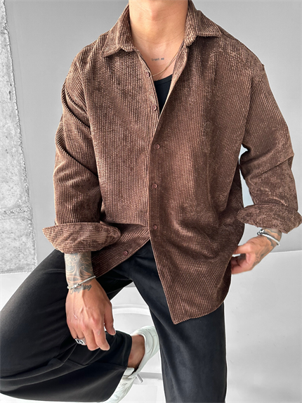 Erkek Oversize Fitilli Gömlek Kahverengi