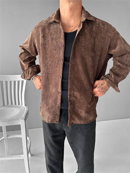 Erkek Oversize Fitilli Gömlek Kahverengi