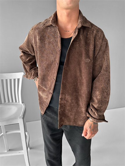 Erkek Oversize Fitilli Gömlek Kahverengi