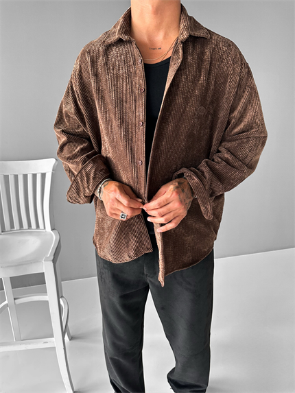 Erkek Oversize Fitilli Gömlek Kahverengi