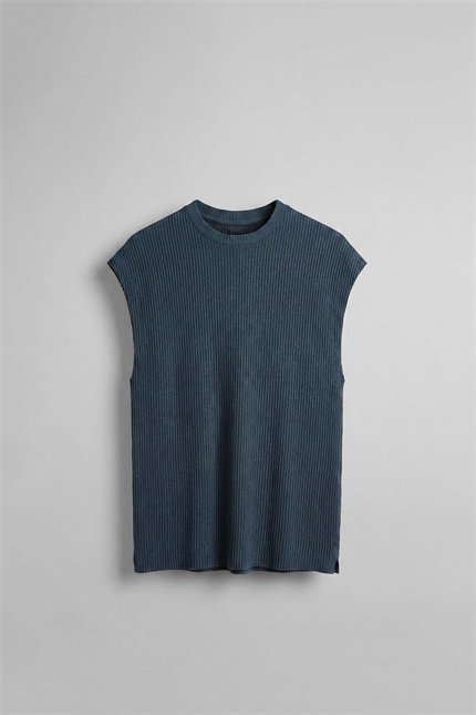 Erkek Oversize Fitilli Kolsuz T-Shirt Petrol Mavi
