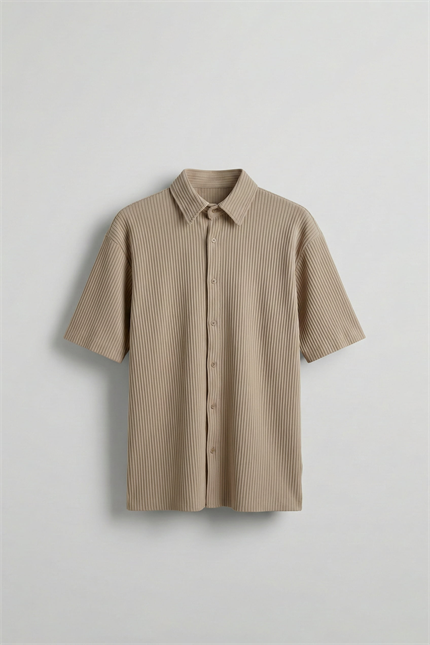 Erkek Oversize Fitilli Küba Yaka Gömlek Bej
