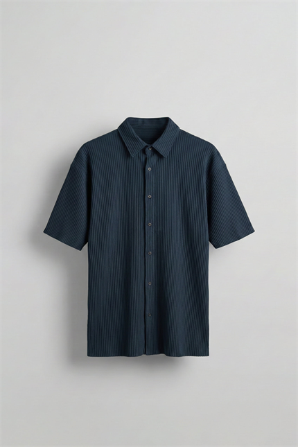 Erkek Oversize Fitilli Küba Yaka Gömlek Petrol Mavi