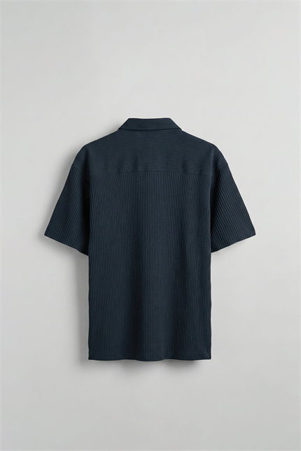 Erkek Oversize Fitilli Küba Yaka Gömlek Petrol Mavi