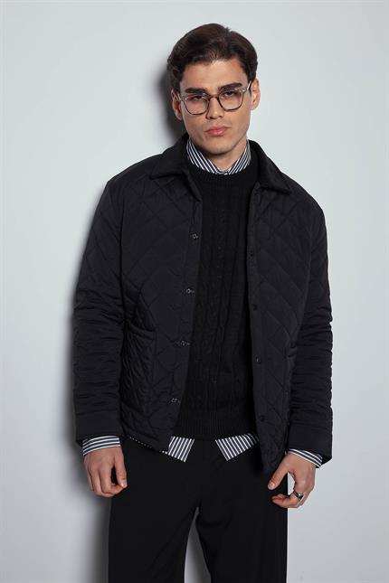 Erkek Oversize Fitilli Yaka Detaylı Kapitone Ceket Siyah