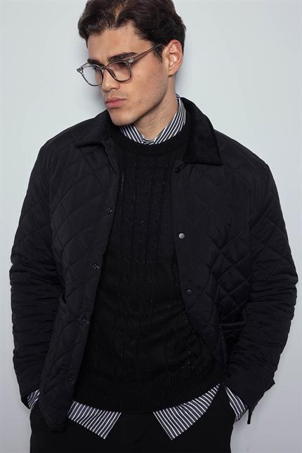 Erkek Oversize Fitilli Yaka Detaylı Kapitone Ceket Siyah