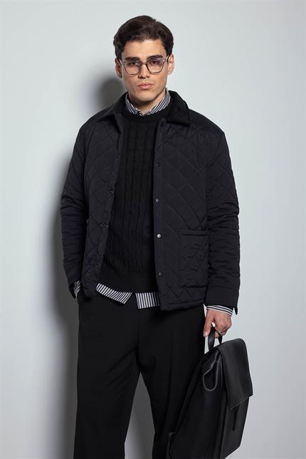 Erkek Oversize Fitilli Yaka Detaylı Kapitone Ceket Siyah