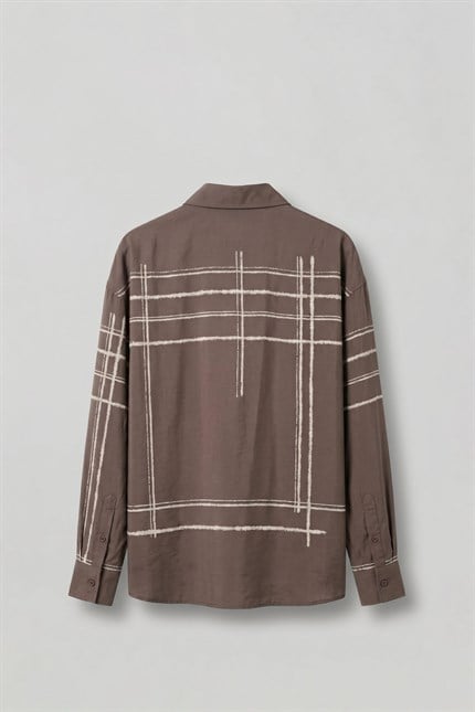 Erkek Oversize Flok Çizgili Uzun Kollu Tencel Gömlek Kahverengi