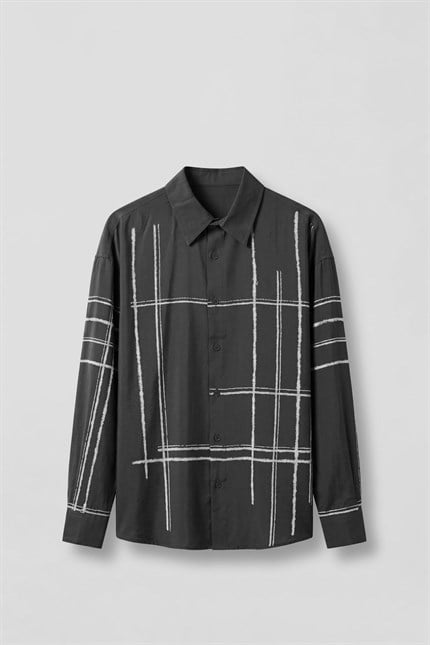 Erkek Oversize Flok Çizgili Uzun Kollu Tencel Gömlek Siyah