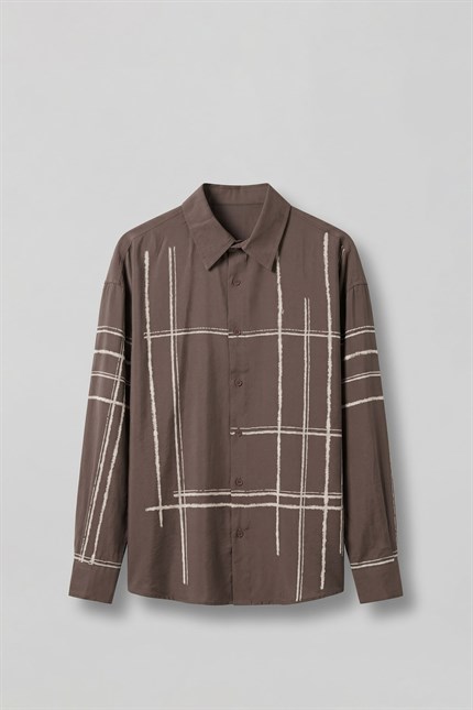 Erkek Oversize Flok Çizgili Uzun Kollu Tencel Gömlek Kahverengi