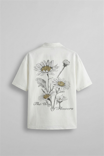 Erkek Oversize Flowers The Way Baskılı Desenli Gömlek Beyaz