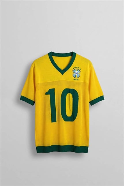 Erkek Oversize Futbol V Yaka Triko Forma T-Shirt Sarı
