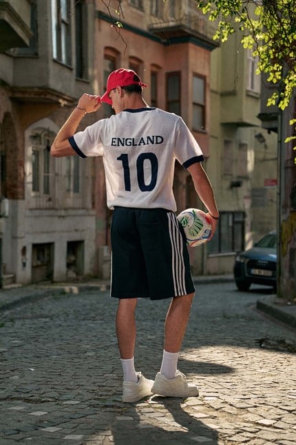 Erkek Oversize Futbol V Yaka Triko Forma T-Shirt Ekru