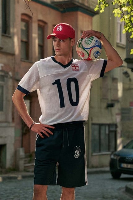 Erkek Oversize Futbol V Yaka Triko Forma T-Shirt Ekru