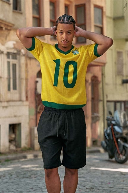 Erkek Oversize Futbol V Yaka Triko Forma T-Shirt Sarı