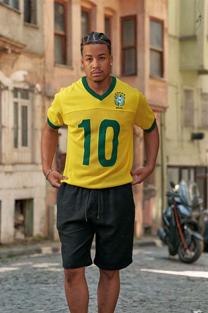 Erkek Oversize Futbol V Yaka Triko Forma T-Shirt Sarı
