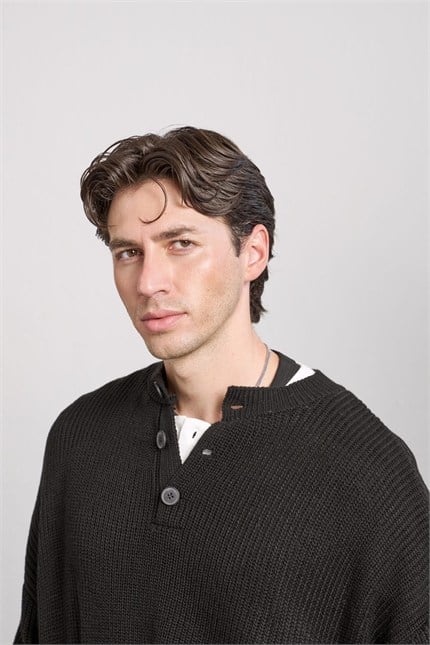 Erkek Oversize Henley Yaka Triko Kazak Siyah