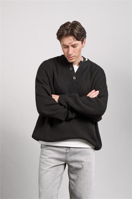 Erkek Oversize Henley Yaka Triko Kazak Siyah