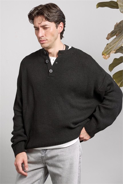 Erkek Oversize Henley Yaka Triko Kazak Siyah