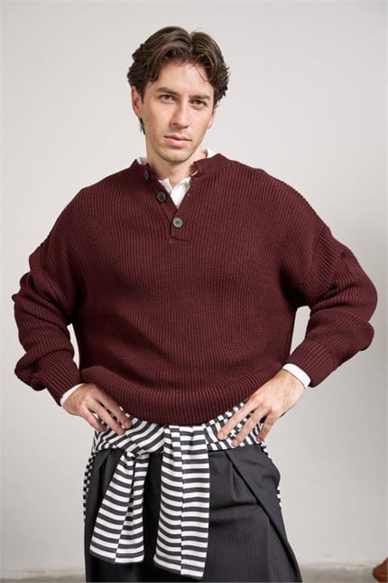 Erkek Oversize Henley Yaka Triko Kazak Bordo