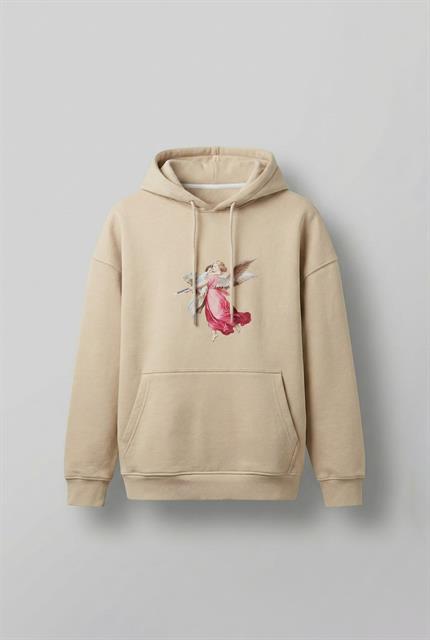 Unisex Oversize Hero Angel Grafik Baskılı Kapüşonlu Sweatshirt Bej