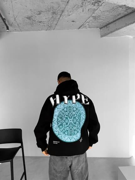 Erkek Oversize Kabartma Baskılı Kalın Kapüşonlu Sweatshirt Siyah
