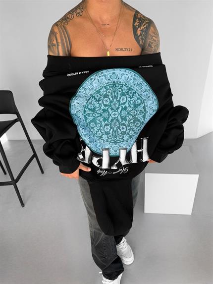 Erkek Oversize Baskılı Premium Kapüşonlu Sweatshirt Siyah