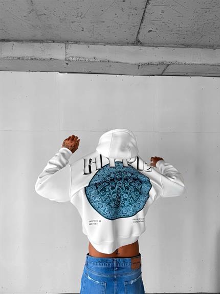 Erkek Oversize Baskılı Premium Kapüşonlu Sweatshirt Ekru
